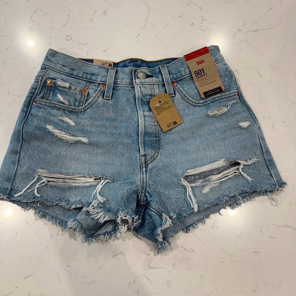 Levis 501 High Rise Distressed Denim Jean Shorts Light Wash Button Fly Size 27